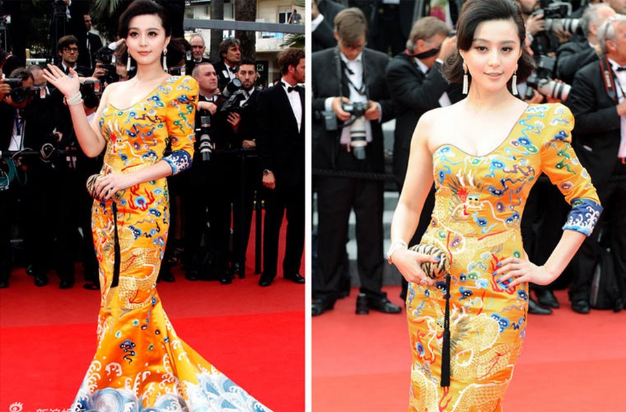 Lần đầu tiên xuất hiện trên thảm đỏ Liên hoan phim Cannes năm 2010,  Phạm Băng Băng chọn chiếc váy lụa vàng thêu họa tiết rồng phượng và được ví như chiếc long bào. Chiếc váy đã được ngợi khen rất nhiều vì nó giúp cho bạn bè phương Tây nhìn là biết nàng Hoa đán từ đâu tới.